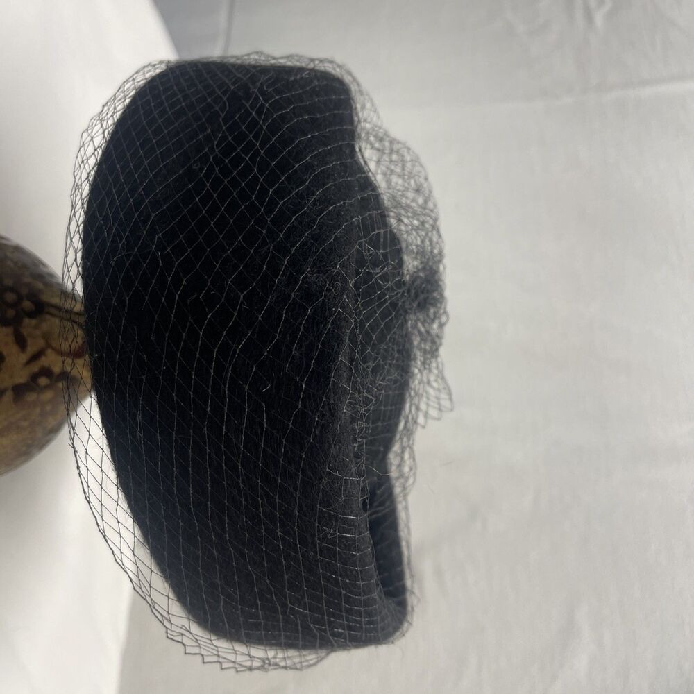 Vintage Black Pillbox Hat with Netting Bow Wool Union Made Church Mourning Hat - Picture 2 of 9